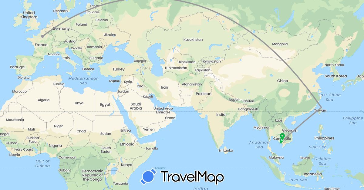 TravelMap itinerary: driving, bus, plane in France, Cambodia, Taiwan (Asia, Europe)